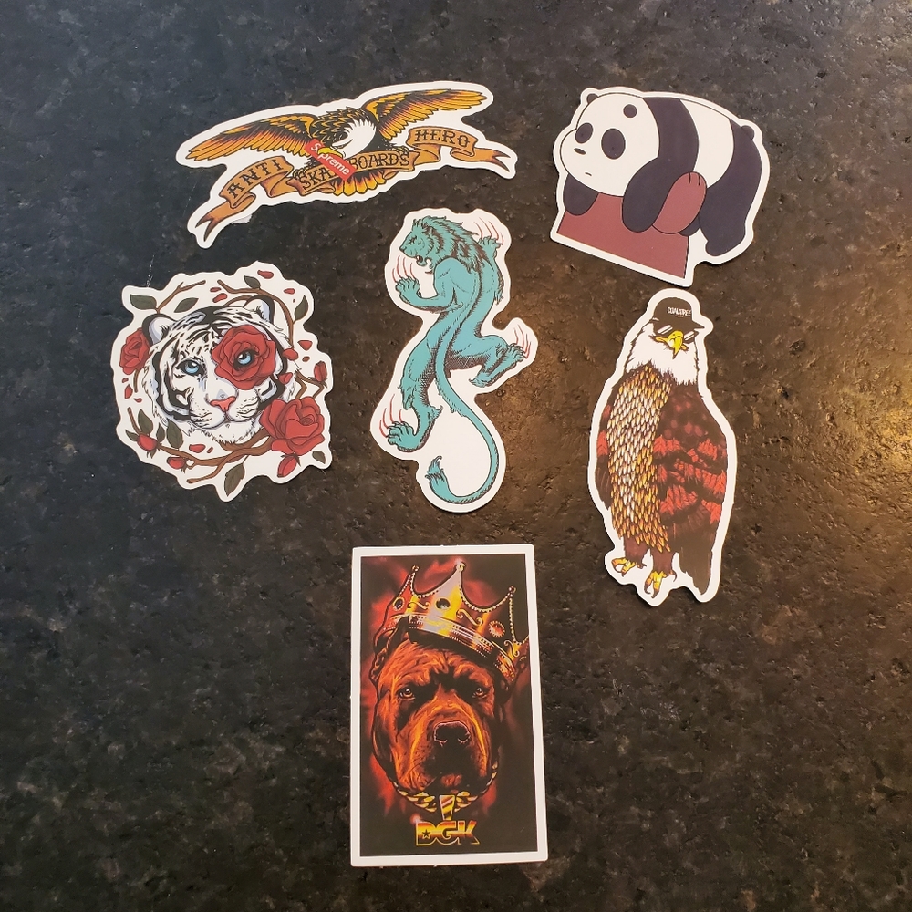 Six animal skate stickers (tiger, eagle, lion, panda & dog)
